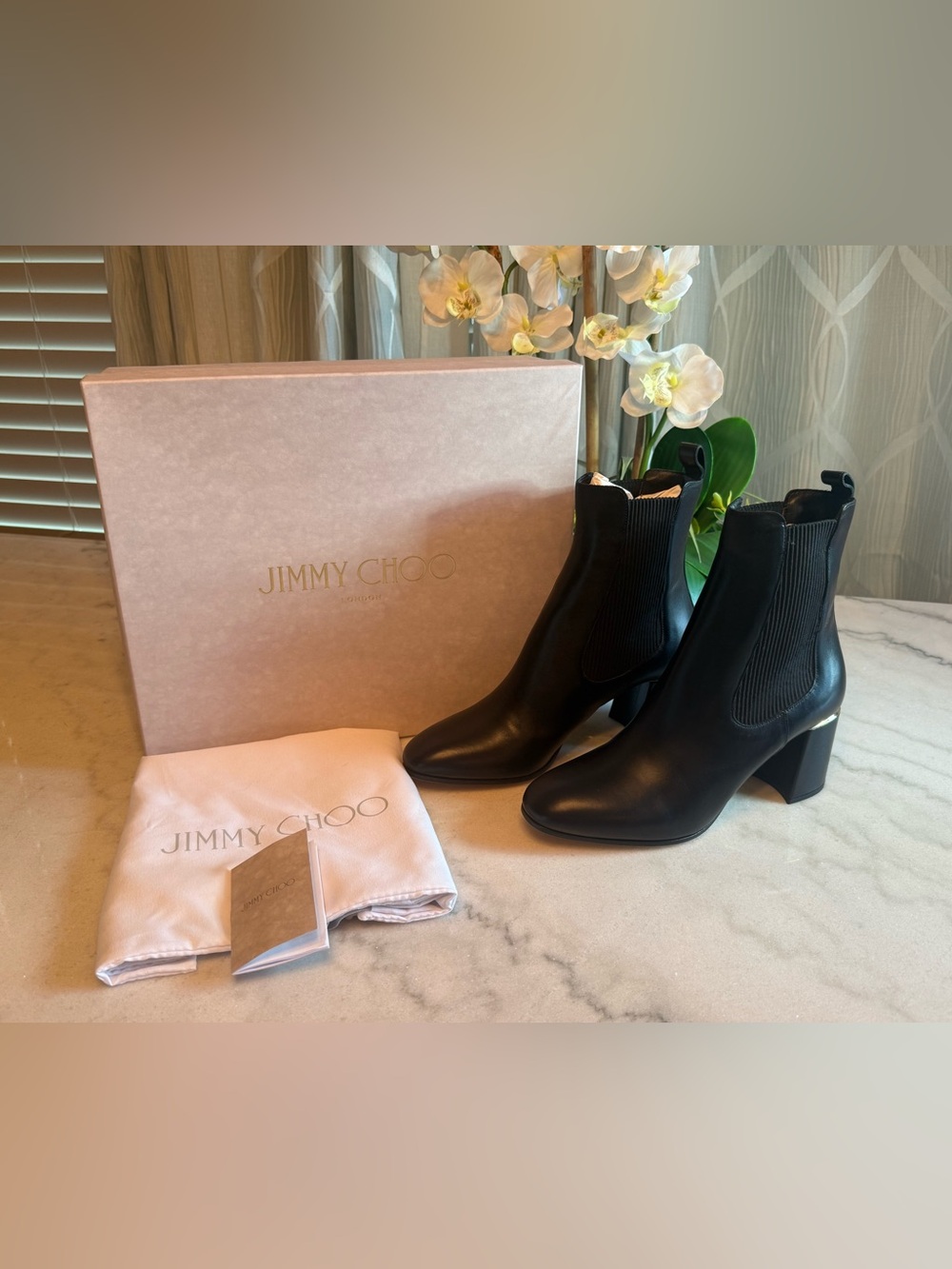 Jimmy Choo Black Leather Chelsea Ankle Boots with Elastic Panels